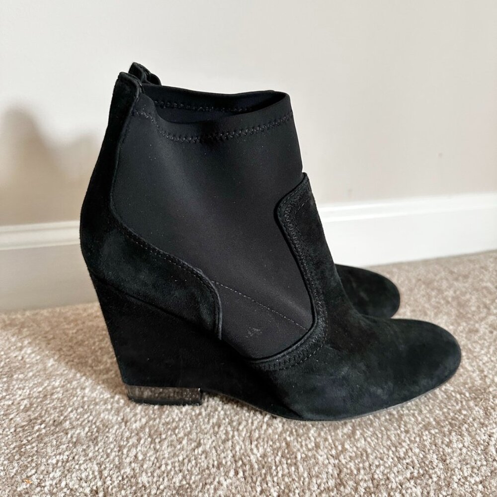 Tory Burch Brenda Suede Stretch Sock Wedge Booties Black Silver 8.5